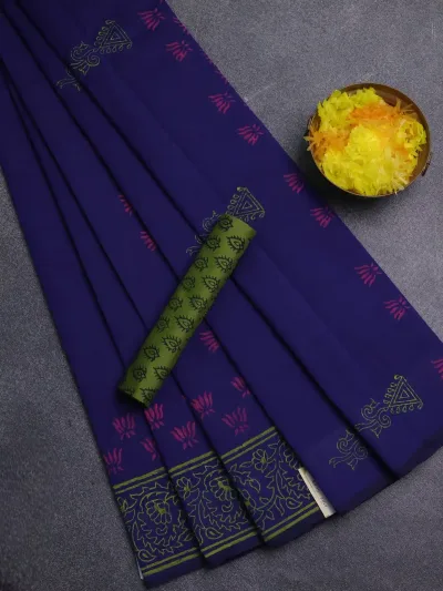 Blue and Light Green Printed Semi Silk Cotton Saree